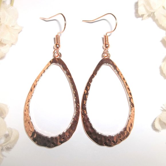 Fashion Jewelry Jewelry - Hoop Earring Rose Gold Teardrop Hammered Metal Jewelry for Women Dangle Set A628